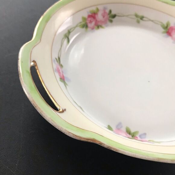 Antique Nippon Hand Painted Pink Rose Gilt Trim Cream & Green Handled Bowl - Picture 7 of 14